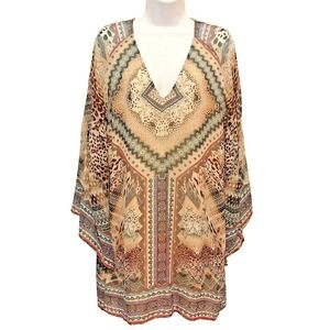 Lavender Brown‎ Women's M Animal Print Long Bell Sleeve V neck Shift Dress Boho